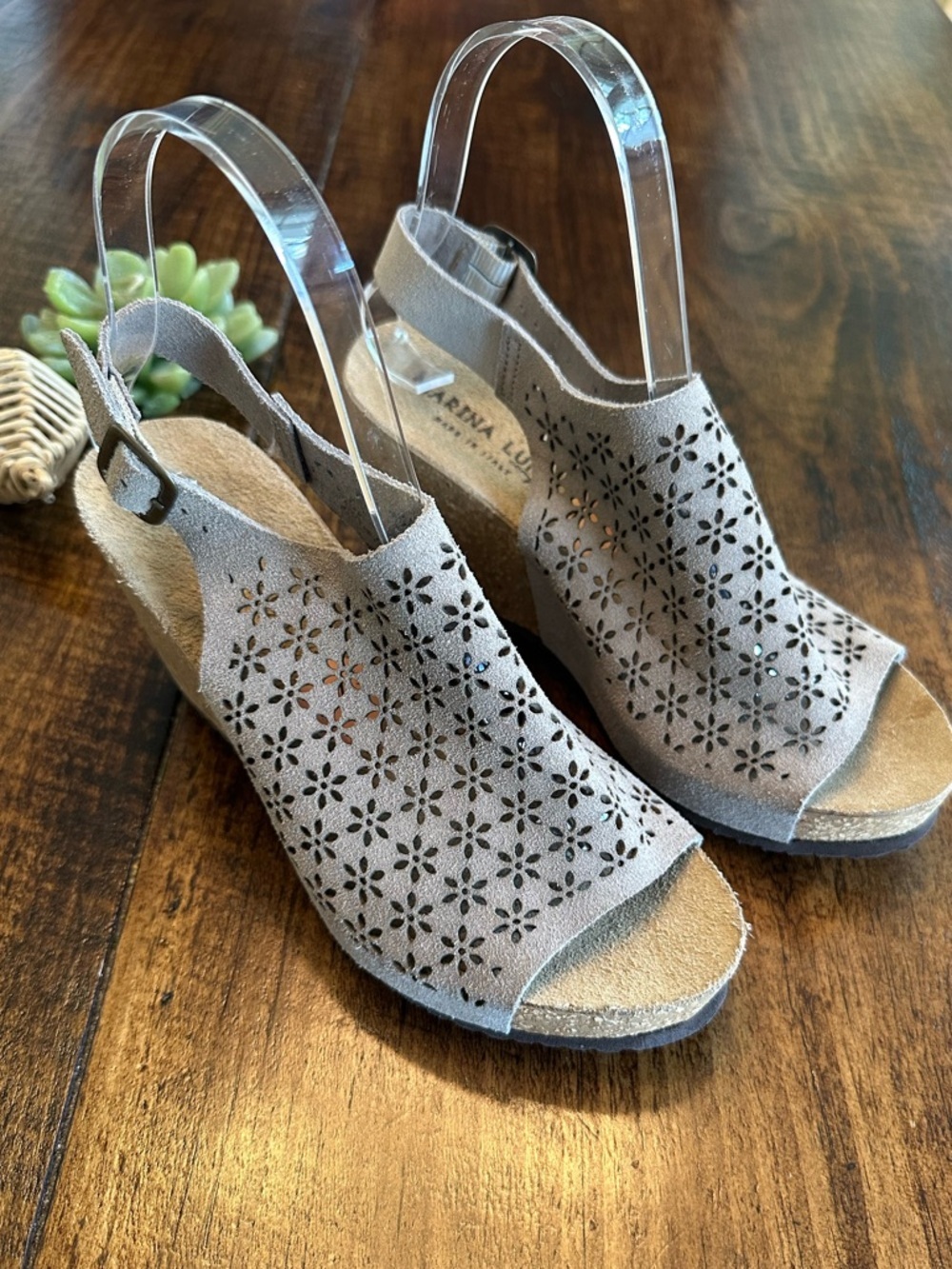 Marina Luna | Italian Tan Leather Laser Cut Floral Wedge Sandals, Sz. 7